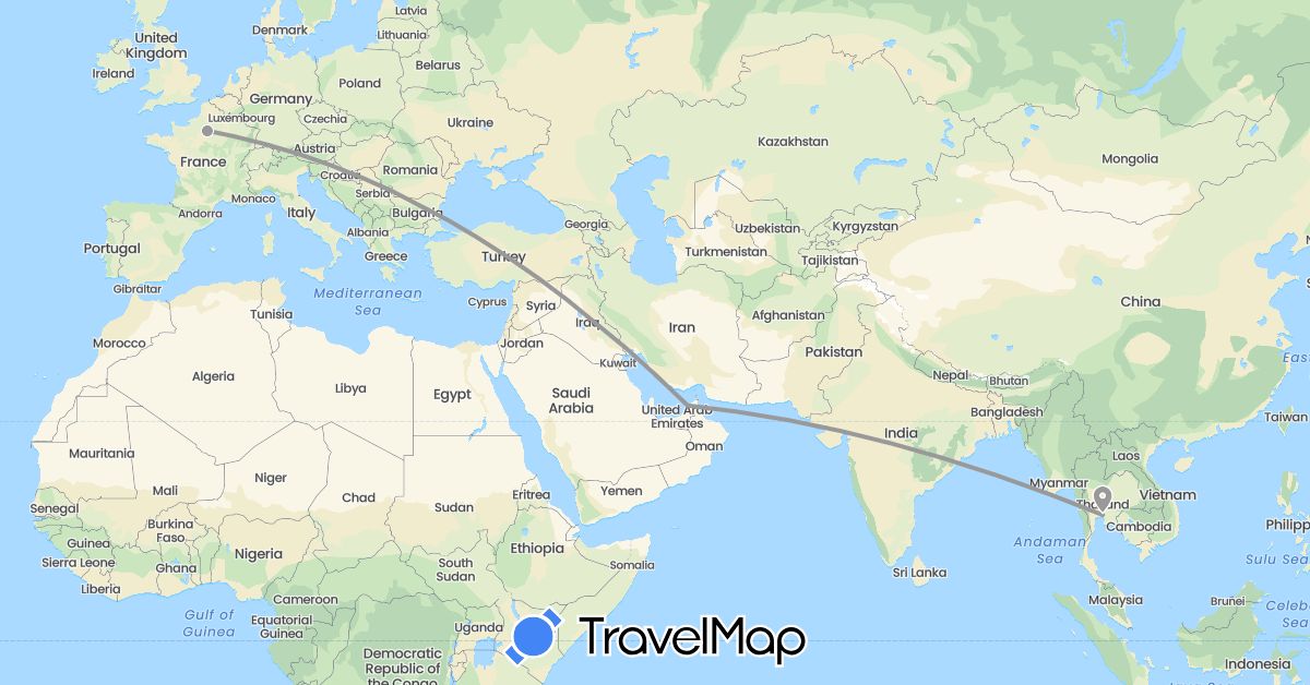 TravelMap itinerary: driving, plane in United Arab Emirates, France, Thailand (Asia, Europe)