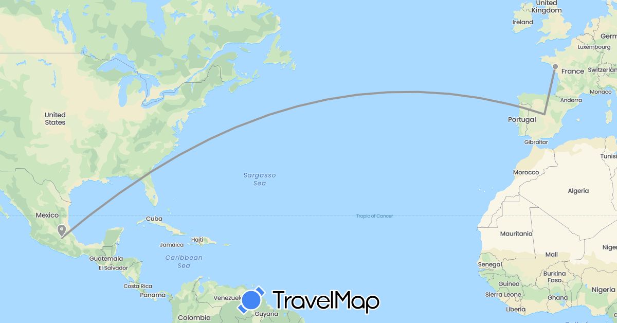 TravelMap itinerary: driving, plane in Spain, France, Mexico (Europe, North America)